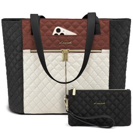 LOVEVOOK Laptop Bag for Women 17 inch,Diamond Quilted Work Tote Bags Womens Laptop Computer Shoulder Bags,Stylish Travel Tote Bags Laptop Purse Briefcase Handbag with Clutch Purse,Brown-Black-White