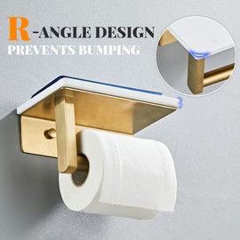 Brushed Gold Toilet Paper Holder with Shelf, 304 Stainless Steel Screw Wall Mounted, Marble Tissue Roll Holder with Storage