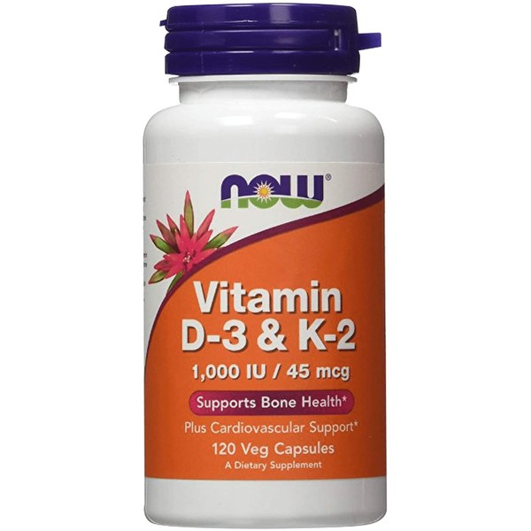 NOW Supplements, Vitamin D-3 & K-2, 1,000 IU/45 mcg, Plus Cardiovascular Support*, Supports Bone Health*, 120 Veg Capsules