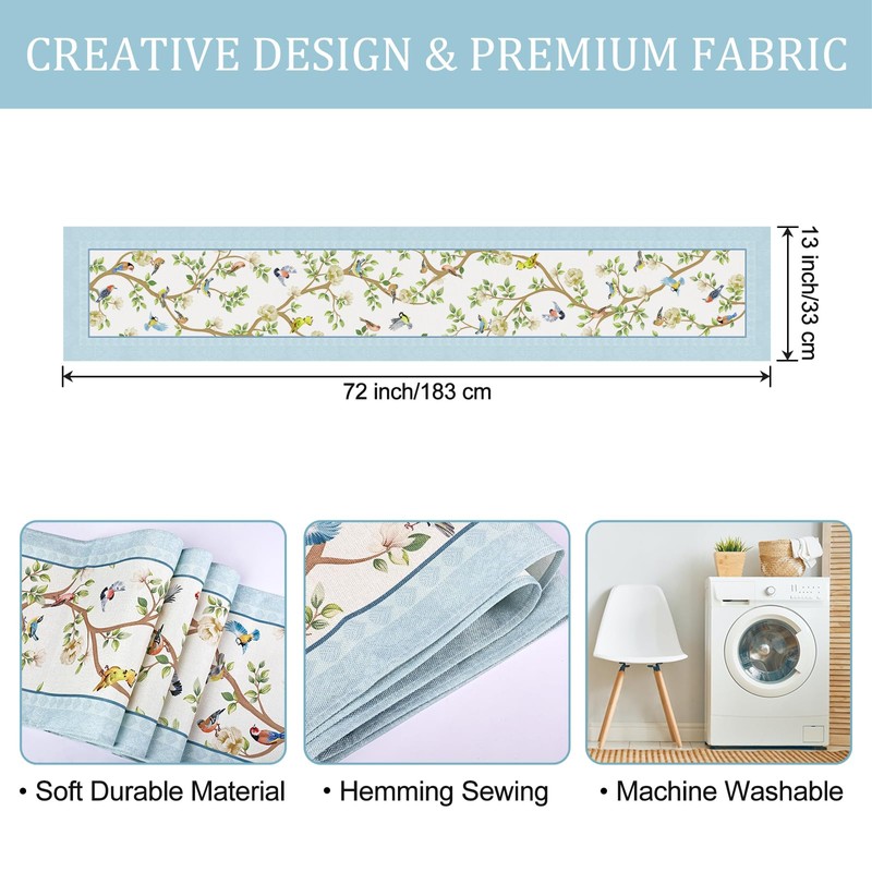 Bonhause Spring Summer Blue Birds Floral Table Runner 13x72 Inch