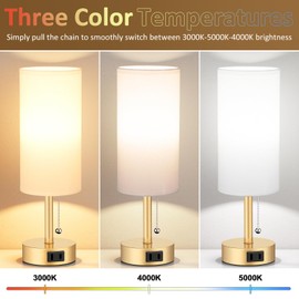 Fenmzee Gold Bedside Table Lamps Set of 2-3 Color Temperatures Pull Chain Lamp with AC Outlet Charging Port, Two Round Night Stand Lamps for Bedroom Office Living Room