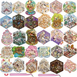 30 Sets DIY 3D Sticker Scene,Sticker Therapy for Adult,Cute Cartoon Miniature Room Scene Stickers for Adult Kids Girls Relief Stress and Pass The Time