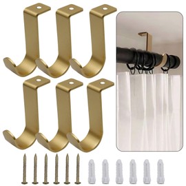 Shonmogar Ceiling Curtain Rod Brackets 6 Pack Metal Curtain Rod Holders with Screws,Curtain Rod Ceiling Mount Bracket for 1 Inch Rod, Sturdy Curtain Rod Hooks for Home Office Patio, Gold, CH-001