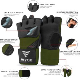 WYOX Gel Boxing Hand Wraps Inner Gloves for Men & Women, 80cm Quick Wrist Straps, Padded Knuckle Protection for Muay Thai Kickboxing, Hand Wraps for Boxing & Martial Arts (Army Green, XS)