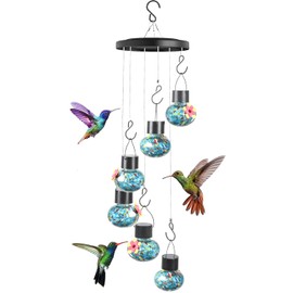 Solar Wind Chimes Hummingbird Feeder for Outdooors, Blue Hand-Blown Glass Bird Feeders with Leak-Proof Design, Ant & Bee Resistant, Perfect Garden Patio Decor (Blue)