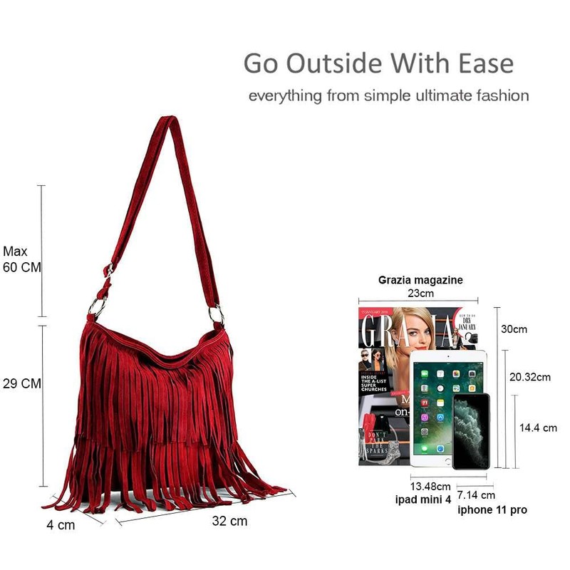 Kitise Womens Bright Colour Real Italian Suede Leather Fringe Shoulder