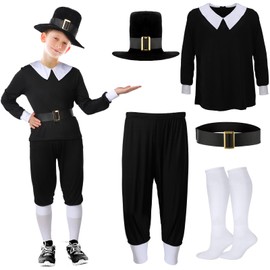Patelai 5 Pcs Thanksgiving Day Pilgrim Boy Costume Shirt Trousers Cap Socks Belt Children Colonial Pilgrim Outfit Cosplay(Child's Large)