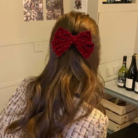 TseenYi Large Hair Bow Clips, Big Hair Bow, Velvet Hair Clip, Red Satin Bow Hair Clip, Crystal Bowknot, Velvet Hair Clip, Headwear, Winter Ribbon Bow Headpiece