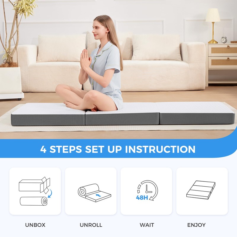 MASVIS Trifold Mattress, 4 Inch Memory Foam Foldable Mattress with