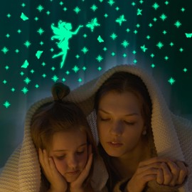 Luminous Stars Children's Room, Set of 2 Luminous Stickers for Children's Room, Wall Decoration, Imaginative Night Lights with Fairies, Butterflies and Stars, 28 x 19 cm, Perfect for Girls