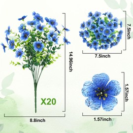 Besteek 20 Bundles Artificial Flowers for Outdoors Decoration Fake Silk Flowers UV Resistant Faux Plants Artificial Daisy Eucalyptus for Spring Summer Garden Yard Porch Window Home Decor, Blue