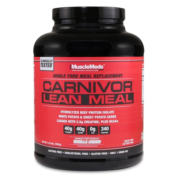 MuscleMeds CARNIVOR LEAN MEAL whole food meal replacement shake, MRE, beef protein isolate, white potato, sweet potato, 40g protein, 40 g carbs, lactose free, sugar free, Vanilla Cream 20 servings