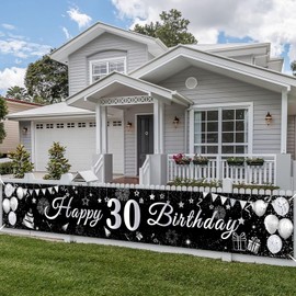 PartyYaa 30th Birthday Banner, 30th Birthday Banner Decoration, Extra Large Happy Birthday Banner Party Photo Booth Background Decoration Sign Poster for Men and Women (Silver Black)