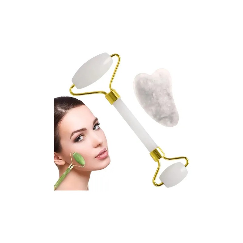 Kit Rodillo Y Piedra Gua Sha De Jade Masajeadora