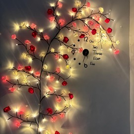 Rose LED Tree Branch Lights for Wall,Rose Blossom Willow Vine Branch Room Decor Gift,Flexible DIY Design,with 48 LED Lights and Remote,8 Lighting Modes,for Bedroom and Wall Decor (47inch)
