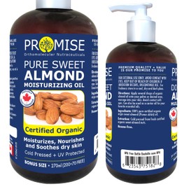 Promise Orthomolecular Nutraceuticals 270ml (9oz) ORGANIC PURE SWEET ALMOND Oil 100% Pure Certified For Moisturizes, Nourishes and Soothes dry skin, Made in Canada, Hexane-Free (270ml)