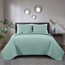 Chezmoi Collection Avon 3-Piece 100% Cotton Quilt Set King Size, Aqua - Lightweight Soft-Finished Pre-Washed Cotton Diamond Stitch Quilted Bedspread for All Season