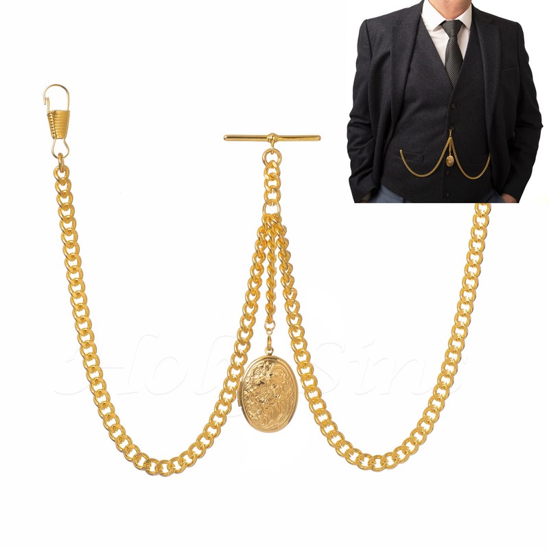 Gold Colour Double Albert Pocket Watch Chain With Locket Pendant