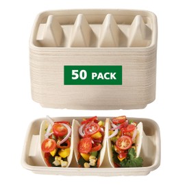 HAMMER IRON ALLEY 50 PCS Disposable Taco Holders for party, HIA Premium Paper Taco Plates, Taco Tray Stand for 3 Tacos, Taco Bar Serving Set for a Party, Taco Plates with Dividers, Taco Tuesday