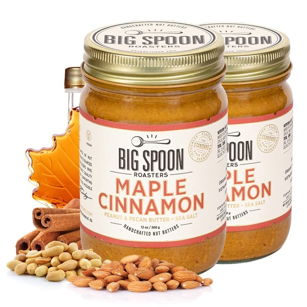 Big Spoon Roasters Maple Cinnamon Peanut & Pecan Butter - Low Sugar Peanut Butter - Creamy Peanut Butter w/Maple Syrup, Organic Peanuts & Pecans - Keto, Vegan, Palm Free Maple Nut Butter - 26 Ounces