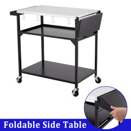 AIKKYS Outdoor Grill Cart Table, Pizza Oven Stand Table with 4 Wheels, BBQ Kitchen Food Prep Table with Side Table and Storage Rack for Home Party, Bar, Camping