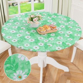 misaya Round Fitted Tablecloth with Elastic Edge, 100% Waterproof Oil Proof Plastic Table Cover, Vinyl Flannel Backed Table Cloth Fits 36"-44" Round Tables for Dinner, Outdoor, Picnic, Green Daisy