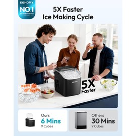 EUHOMY Countertop Ice Maker Machine with Handle, 26lbs in 24Hrs, 9 Ice Cubes Ready in 6 Mins, Auto-Cleaning Portable Ice Maker with Basket and Scoop, for Home/Kitchen/Camping/RV. (Black)