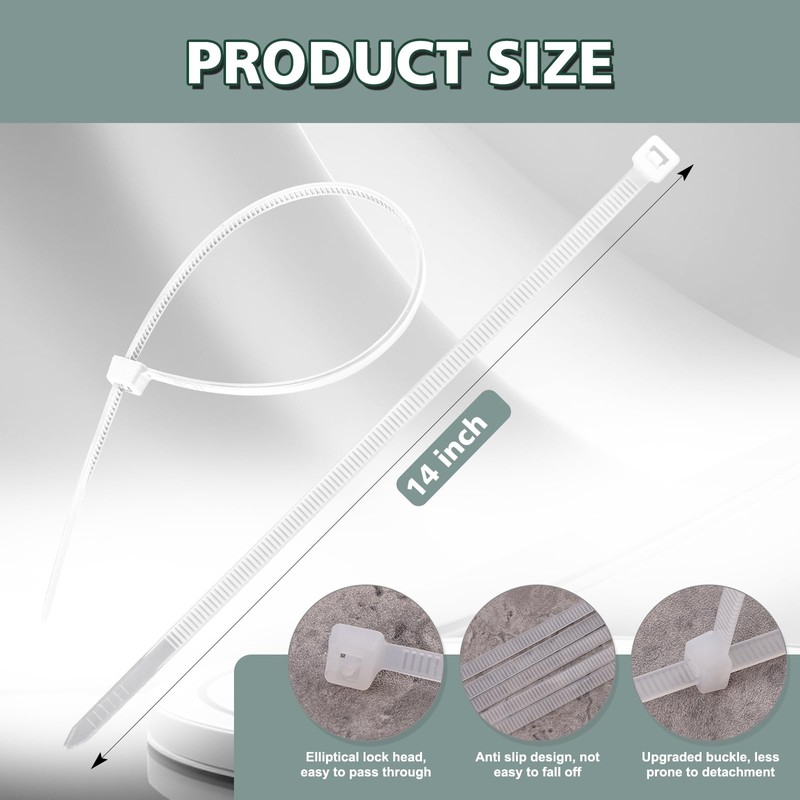 REZOSY White Zip Ties 14 inch (100 Pack), Clear, 60