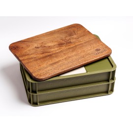 Babadoh Dough Trays & Walnut Board Set – Includes 2 Olive Green Durable, Stackable Trays & 1 Walnut Board – Versatile Storage & Serving Solution for Pizza Lovers – Home & Outdoor Adventures