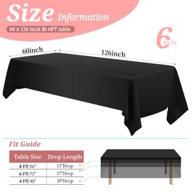 6 Pack Tablecloth 60 x 126 inch Polyester Table Cloth for 8 Foot Rectangle Tables,Stain and Wrinkle Resistant Washable Fabric Table Covers Polyester Black Table Clothes for Wedding,Party,Banquet