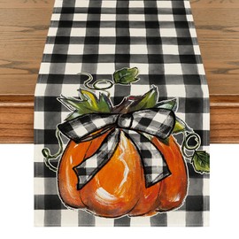 Artoid Mode Buffalo Plaid Pumpkin Bowknot Fall Table Runner, Seasonal Autumn Harvest Holiday Kitchen Dining Table Decor for Home Party 13x60 Inch