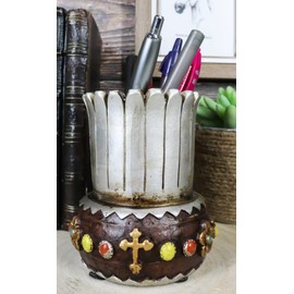 Ebros Gift Rustic Western Brown Faux Tooled Leather Vintage Vase with Colorful Beads and Le Fleur Crosses Decorative Stationery Pen Pencil Make Up Tools Organizer Holder Accent Figurine