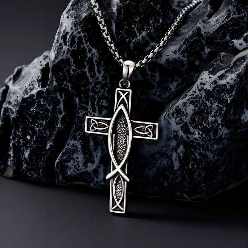 ROMANTICWORK Cross Necklace for Men 925 Sterling Silver Christian Fish