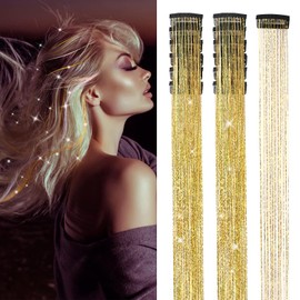Hair Tinsel 12 Pcs Clip in Hair Tinsel Kit for Girls 20.5 Inch Glitter Shiny Sparkly Fairy Tinsel Hair Extensions Heat Resistant Party Festival Accessories for Women Kids (Gold)