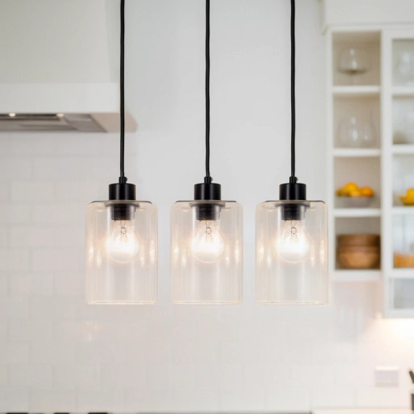 Unbranded 3-Light Black Pendant Light Set with Glass Shades, Modern