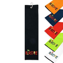 Golden Birdie Tri-fold Microfiber Waffle Golf Towel with Carabiner Clip Black 16”X21”