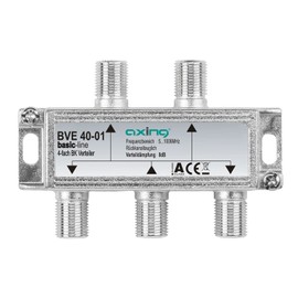 Axing BVE 40-01 4-Way BK Splitter (5-1000 MHz) for Cable TV and DVB-T2 HD, F Connections