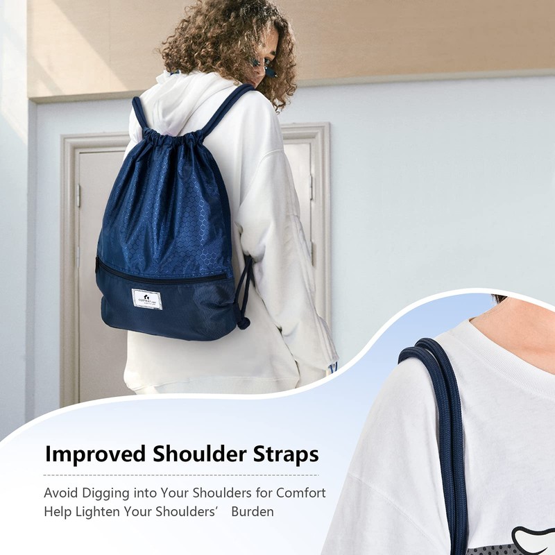 COSTWAY Drawstring Backpack, Folding Sports Gym Backpack with Zipper Pockets,