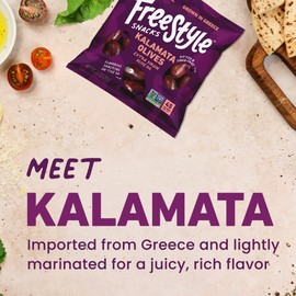 Freestyle Snacks Olive Snack Packs - Single Serve - Fresh Pitted Kalamata Olives, Jumbo-Sized, Grown in Greece, All Natural, Non-GMO, Paleo, Sugar-Free, Keto, Salty Snack - Kalamata, 1.1oz (6 Pack)