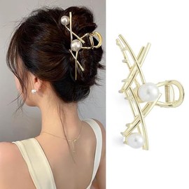 Kistreao Large Hair Clips Gold Metal Hair Claws Pearl Hair Jaw Clamp Geometry Hair Grab Clips Elegant Hairpin for Women Girls Thick Thin Hair Accessories