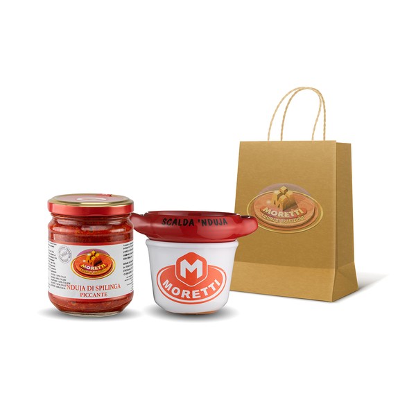 Moretti® Nduja Calabrese Picante Artesano y Original SIN OGM Salami Untable y Cremoso en Tarro de 180gr (Jar + Calentador Nduja)