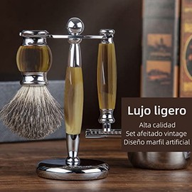 5 EN 1 Set de Rasurado, Kit de Barba para Hombre, Fabricado Acero Inoxidable y Cuerno de Vaca Sintético, Incluye Maquinilla de Afeitar Vintage, Brocha