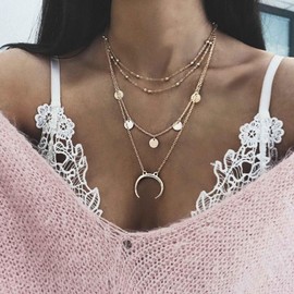 Cimenexe Bohemian Layered Moon Pendant Necklace Coin Dangle Necklace Chain Crescent Moon Choker Necklace Gold Disc Chain Necklace Station Ball Chain Necklace Jewellery for Women and Girls