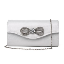 DETARA Women Evening Handbag Shiny Crystal Bow Flap Clutch Purse for Women Wedding Party Prom Purse (White 9118)