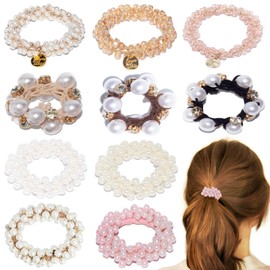 10 Pcs Pearl Hair Ties Elastic Hair Scrunchies Hold Crystal Beads Bulk Hair Ropes Stretchy Handmade Boho Hair Accessories for Women Girls (Pearl- Crystal Mix 2)