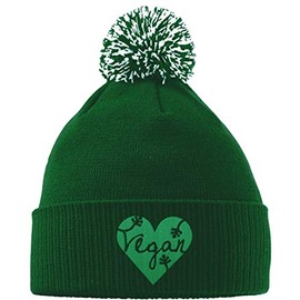 Hippowarehouse Vegan Design Embroidered Beanie Hat with Bobble Bottle Green