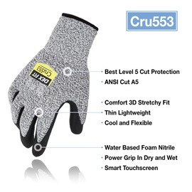 DEX FIT Level 5 Cut Resistant Gloves Cru553, 3D Comfort Stretch Fit, Power Grip, Durable Foam Nitrile, Smart Touch, Machine Washable, Thin & Lightweight, Grey 8 (M) 1 Pair