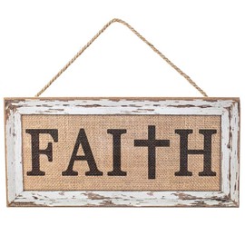 Wooden Burlap Faith Cross Sign - 12.5" x 6", Rustic White Wood and Burlap, Christian Wall Decor, Church, Jesus, Lord, Wreath, Home, Kitchen, Christmas Decoration, Easter