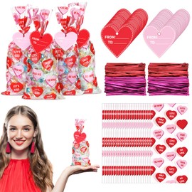 Zhanmai 300 Pcs Valentine's Day Conversation Heart Cellophane Treat Bags Bulk Set 150 Pcs Valentine's Goodie Bags with 150 Pcs Heart Gift Tags for Valentines Day Gift Bag Weeding Party Favor Supplies