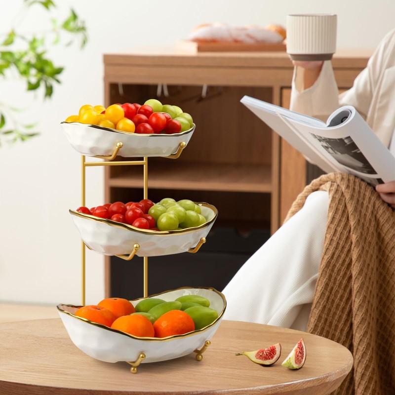 Fruit Bowl for Kitchen Counter - 3 Tier Ceramic Serving